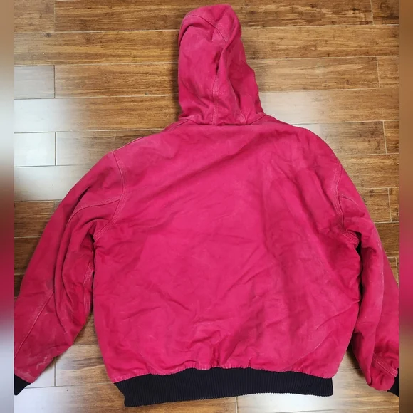 VTG Carhartt Red Mens J140 Canvas Hooded Zip Up Workwear Jacket 2XL Quilted